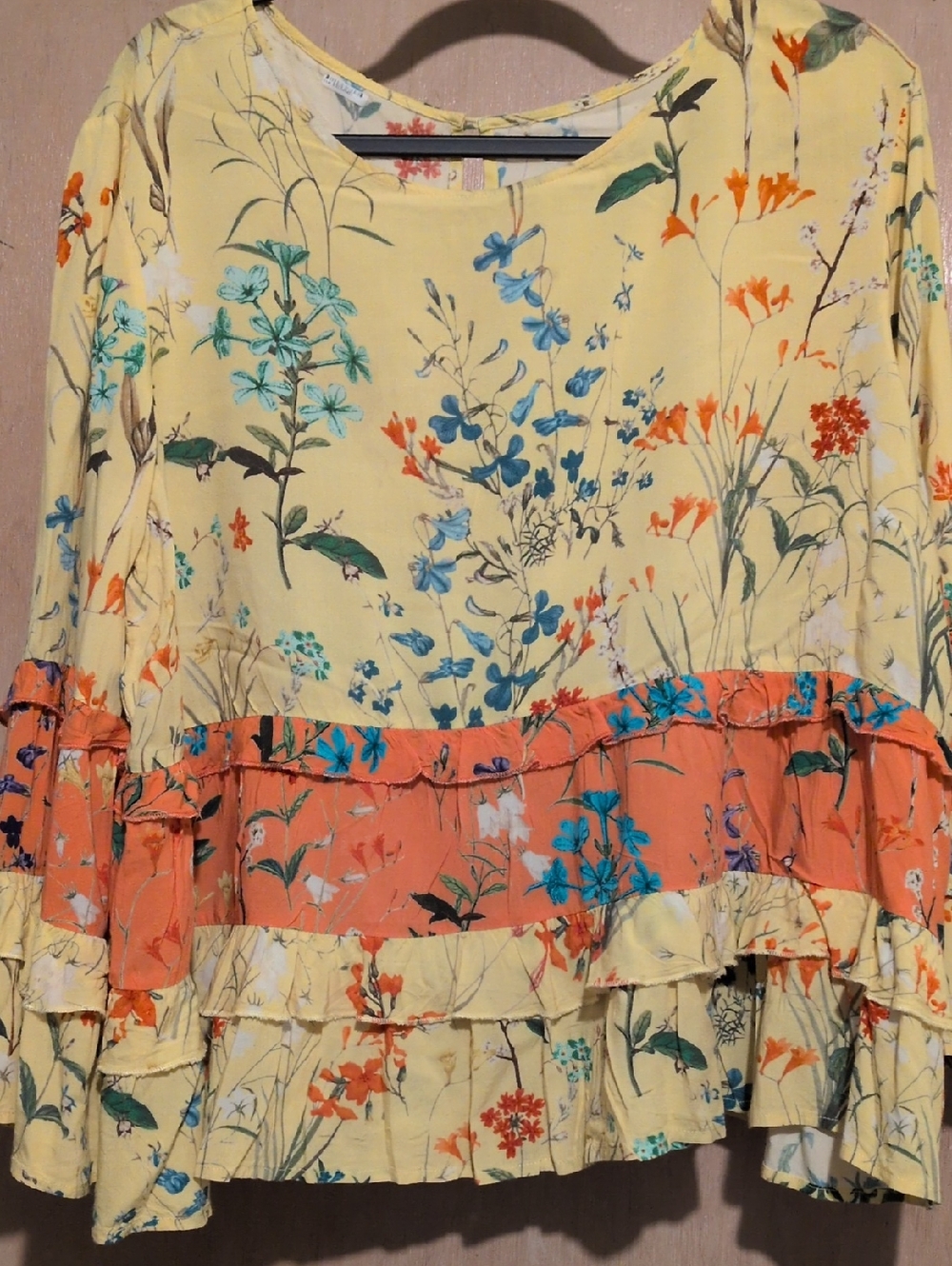 Floral Ruffle Hem Blouse - Yellow & Coral